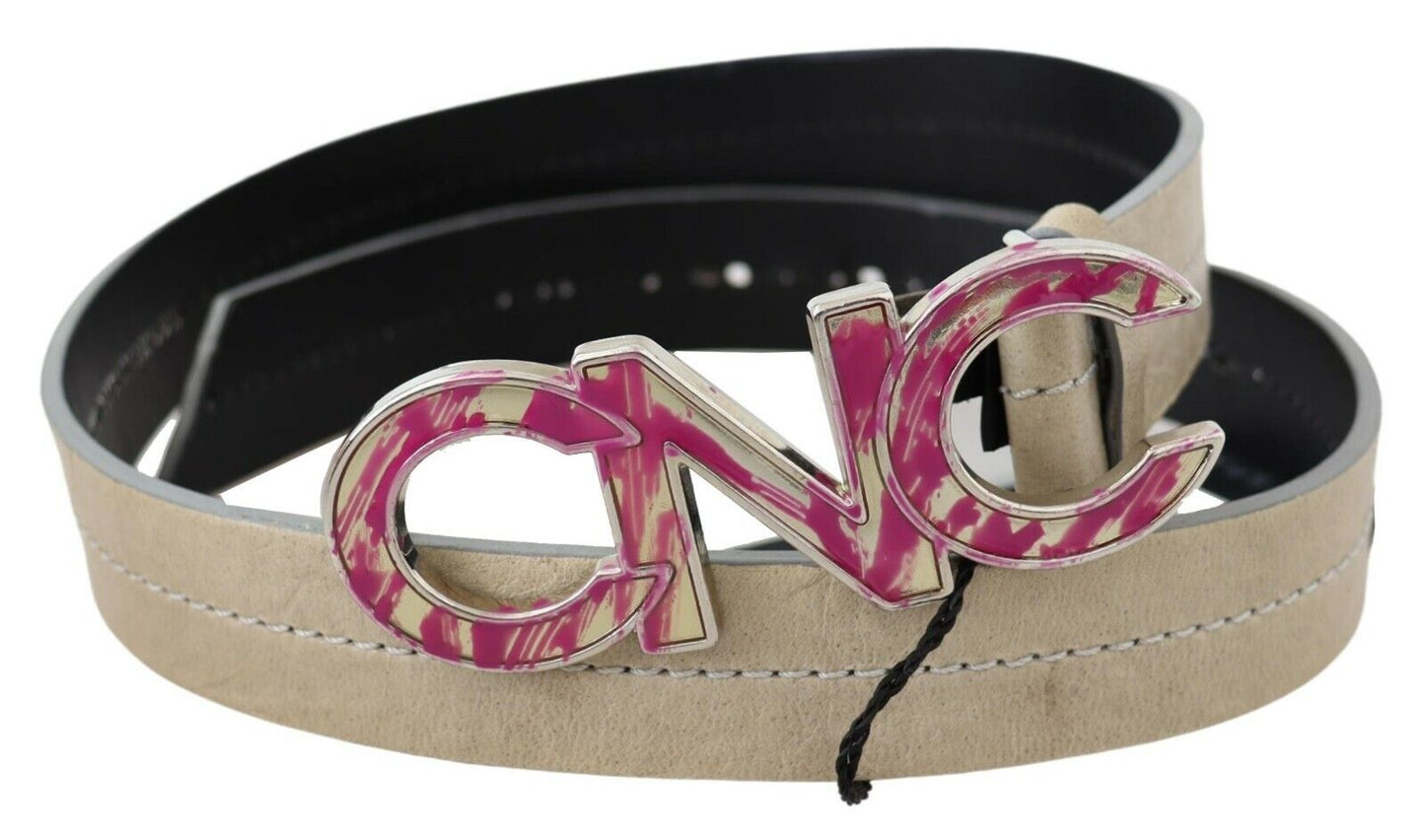 Cintura con fibbia con logo rosa in pelle beige - 80 CM / 32 INCHES