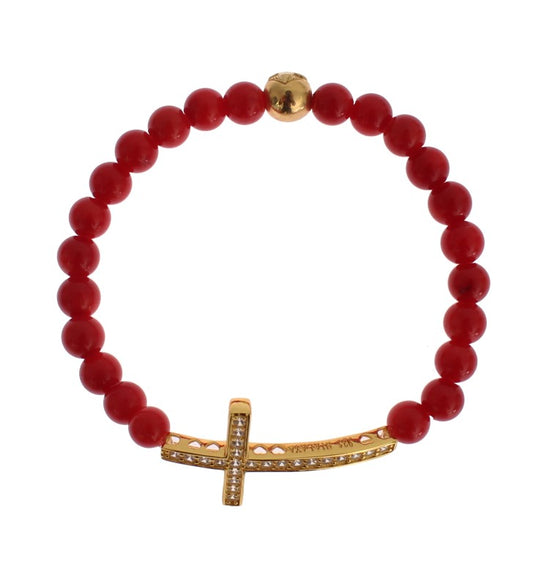 Bracciale in argento 925 con croce di corallo rosso oro CZ - M