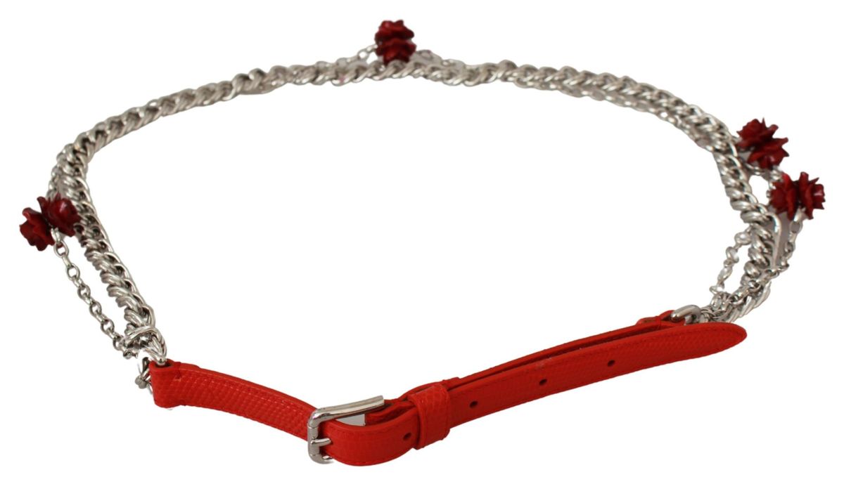 Cintura vita floreale argento rose pelle rossa - 80 CM / 32 INCHES