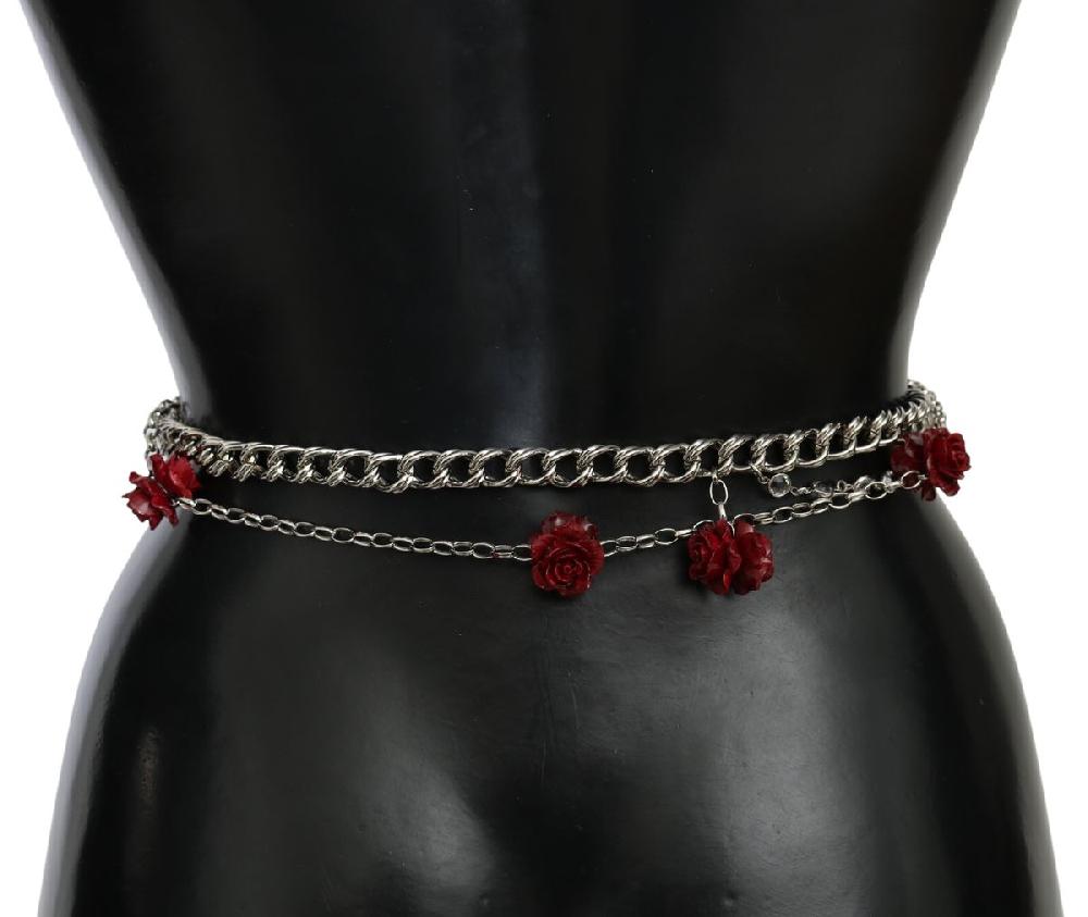 Cintura vita floreale argento rose pelle rossa - 80 CM / 32 INCHES