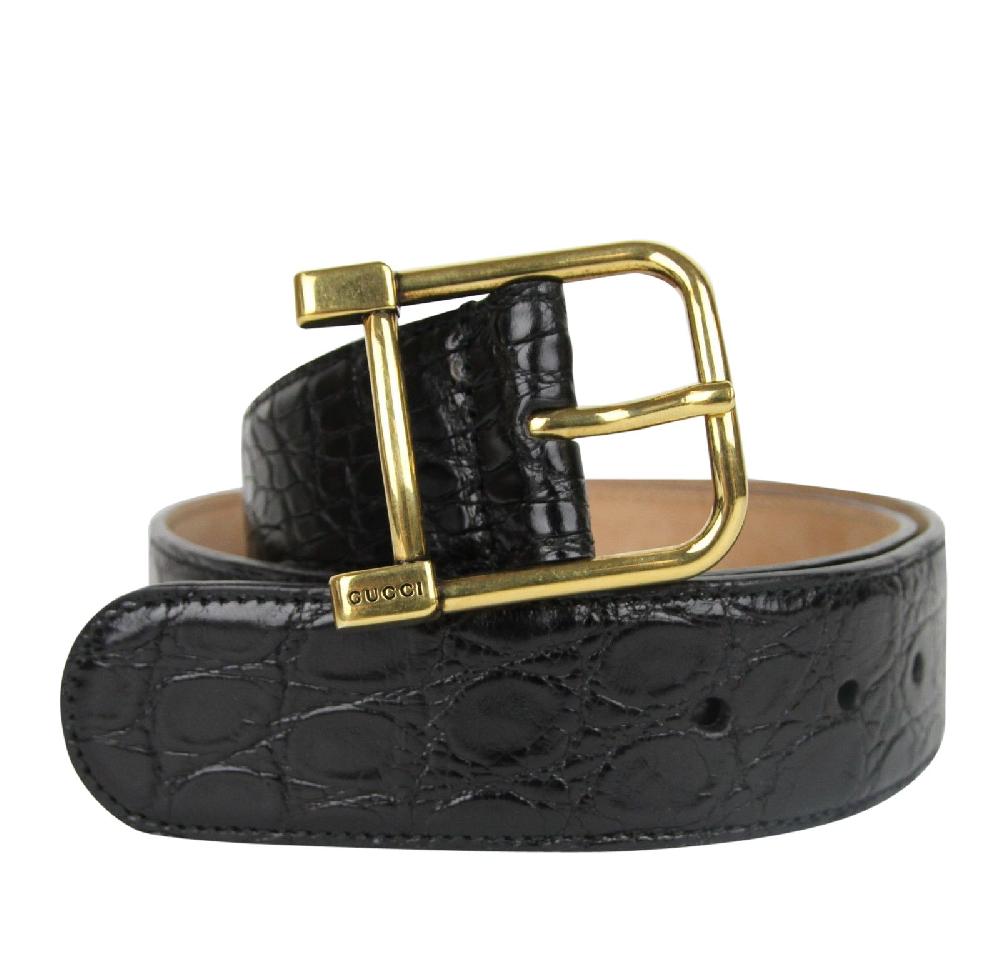 Cintura Gucci da donna coccodrillo nero fibbia quadrata dorata - 10...